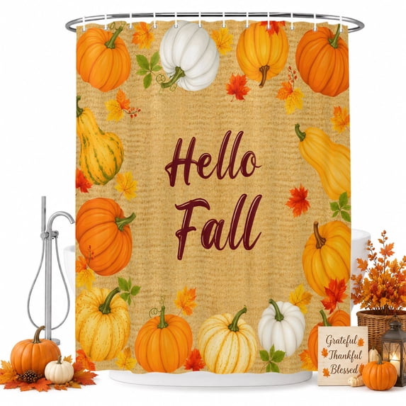 Hello Fall Shower Curtain, Waterproof Shower Curtains for Bathroom, Thanksgiving Orange Yellow Pumpkin Farmhouse Washable Fabric Bathtub Curtain Set Bath Decor with 12 Hooks Stall 36"x72"