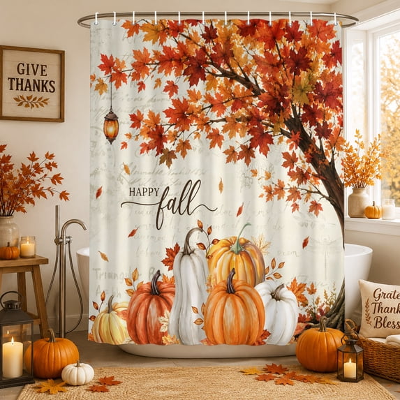 Hello Fall Shower Curtains for Bathroom, Thanksgiving Pumpkin Tree Maple Leaf Autumn Waterproof Fabric Shower Curtain, Decorative Bathroom Curtain for Bathtub, 72"x72", No Hooks Included