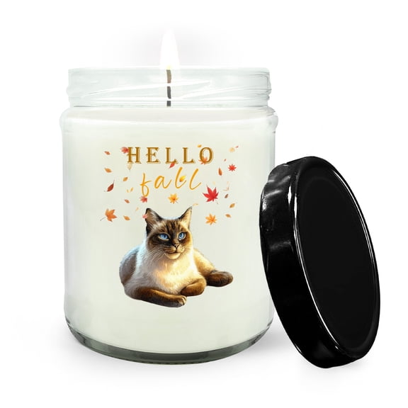 Hello Fall Siamese Enjoys Warm Campfire Autumn Night Bright Moon Soy Wax Candle Cat Lover Kitten Owner Gifts 16oz White Vanilla Candle - 01008