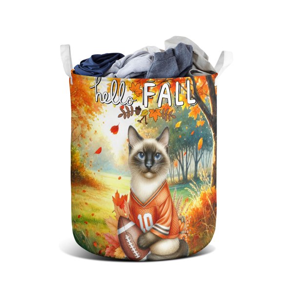 Hello Fall Siamese Football Welcome Autumn with Leaves Pumpkins Foldable Laundry Basket Cat Lover Kitten Owner Gifts Organizer Storage with Handles - 00012