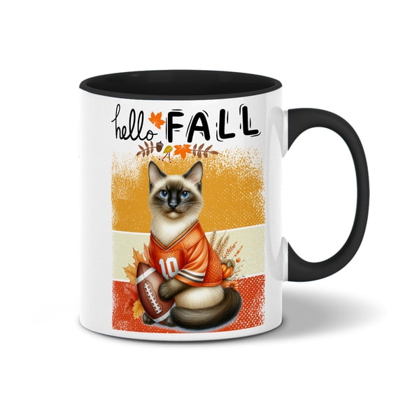 Hello Fall Siamese Football Welcome Autumn with Leaves Pumpkins 11oz Accent Two-tone Mug Cat Lover Kitten Owner Gifts Coffee Tea Cup - 00012
