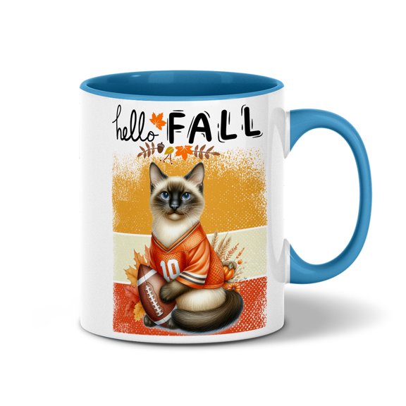 Hello Fall Siamese Football Welcome Autumn with Leaves Pumpkins 11oz Accent Two-tone Mug Cat Lover Kitten Owner Gifts Coffee Tea Cup - 00012