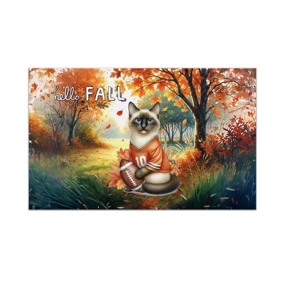 Hello Fall Siamese Football Welcome Autumn with Leaves Pumpkins Doormat Cat Lover Kitten Owner Gifts Indoor Outdoor Welcome Mat - 00012