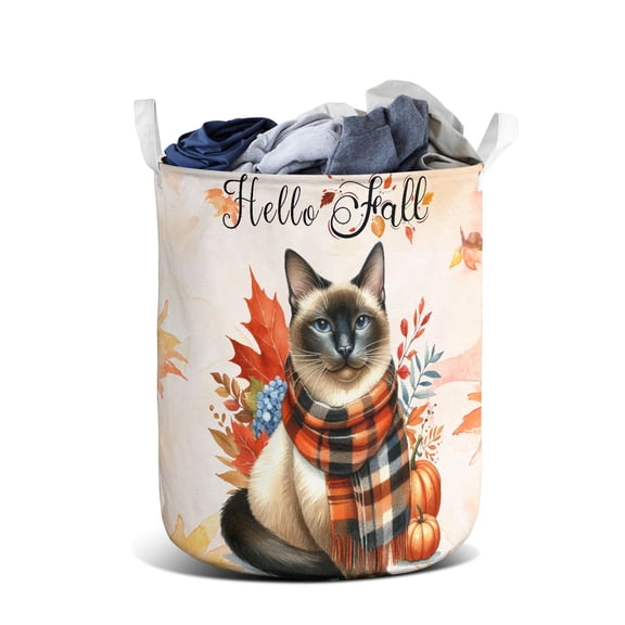 Hello Fall Siamese Scarf Welcome Autumn with Leaves Pumpkins Foldable Laundry Basket Cat Lover Kitten Owner Gifts Organizer Storage with Handles - 00011