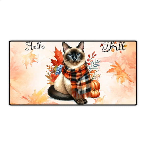 Hello Fall Siamese Scarf Welcome Autumn with Leaves Pumpkins Desk Mat Full Keyboard Mouse Pad Cat Lover Kitten Owner Gifts Large Mousepad - 00011