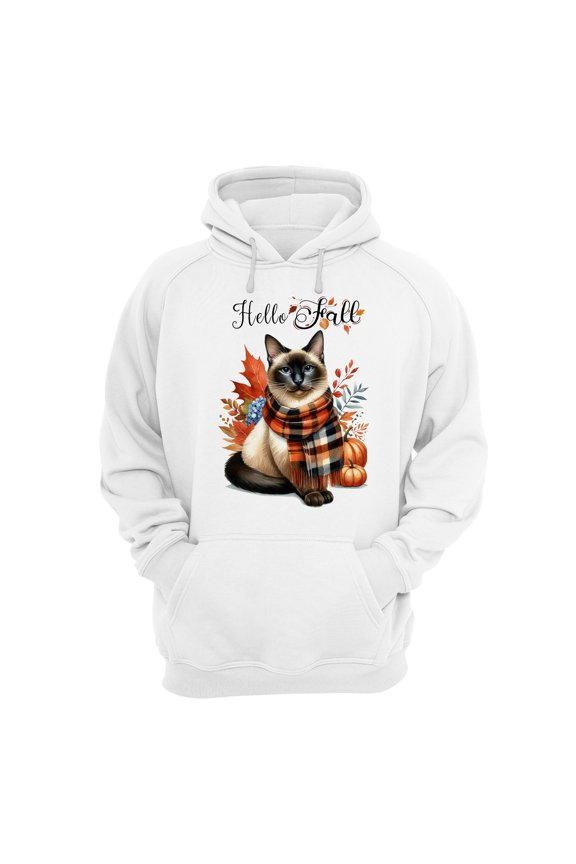 Hello Fall Siamese Scarf Welcome Autumn with Leaves Pumpkins Hoodie Unisex Merch Hoodies Cat Lover Kitten Owner Gifts - 00011
