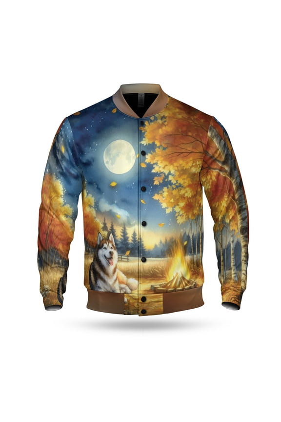 Hello Fall Siberian Husky Enjoys Warm Campfire Autumn Night Bright Moon All Over Print 3D Baseball Jacket Husky Dog Lover Gifts Bomber Jacket Softball - 01008