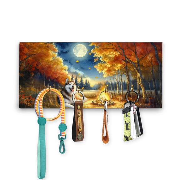 Hello Fall Siberian Husky Enjoys Warm Campfire Autumn Night Bright Moon Wood Key Holder Husky Dog Lover Gifts Wall-mounted Key Rack Home Decor - 01008