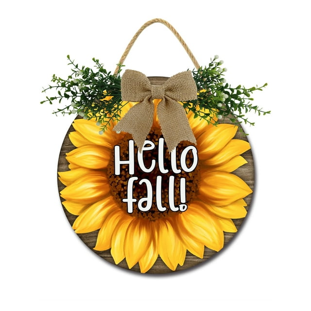 Hello Fall Sign Front Door Porch Decorations, Round Rustic Wood Hanging ...