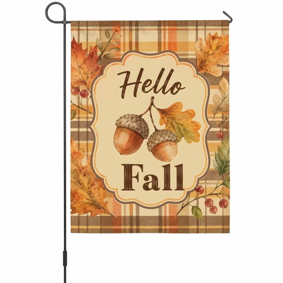 Hello Fall Sign Garden Flag 12 x 18 Inches, Thanksgiving Rustic Acorn Maple Leaf Plaid Tartan Weather Proof Outdoor Patio Flags Double Sided Small Garden Decoration for Yard Outside Home