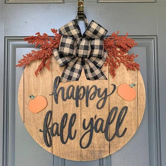 Hello Fall Sign, Hello Door Sign, Happy Fall Y'all Decor Sign Front Door, Round Wood Hanging Sign with Ribbon Bow Farmhouse Porch Decorations for Home Thanksgiving