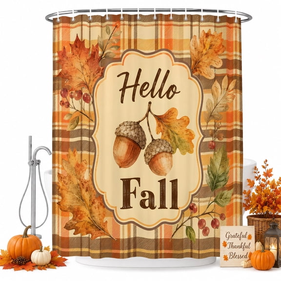 Hello Fall Sign Shower Curtain for Bathroom, Thanksgiving Rustic Acorn Maple Leaf Plaid Tartan Waterproof Cloth Fabric Bathroom Accessories Set with 12 Rust Proof Plastic Hooks, 54"x78"