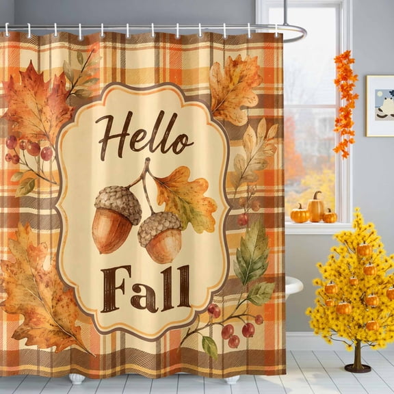 Hello Fall Sign Shower Curtain for Bathroom, Thanksgiving Rustic Acorn Maple Leaf Plaid Tartan Waterproof Machine Washable Shower Curtain Set with Hooks, Bath Decoration for Home Bathtub 72"x96"