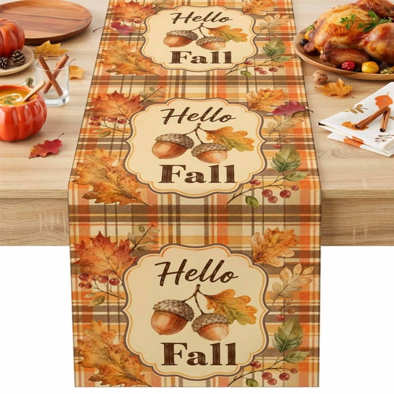 Hello Fall Sign Table Runner 13x36 Inch Thanksgiving Rustic Acorn Maple Leaf Plaid Tartan Cotton Linen Dining Table Runner Ideal for Dresser Kitchen Coffee Tables - Machine Washable
