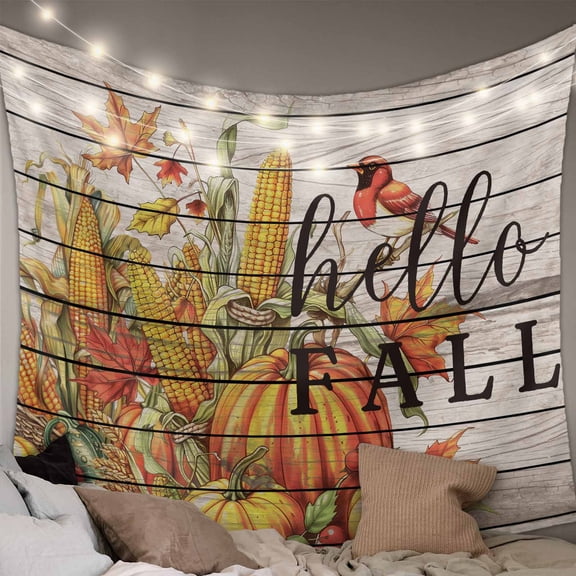 Hello Fall Small Tapestry for Bedroom Wall Hanging Tapestry, Orange Pumpkins Birds Vintage Thanksgiving Ceiling Backdrop Tapestries Poster Blanket Wall Decor for Teens Room Living Room Dorm 23" x 28"
