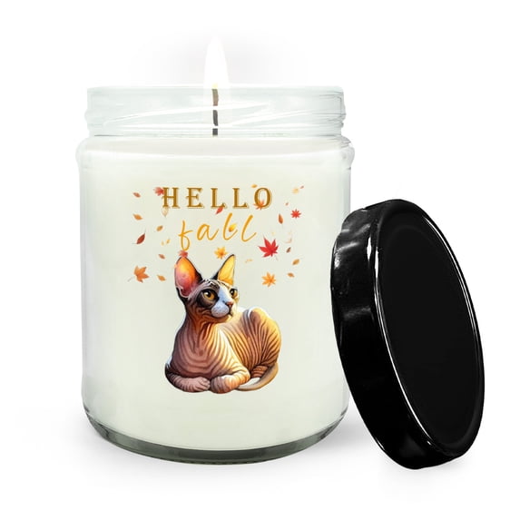 Hello Fall Sphynx Enjoys Warm Campfire Autumn Night Bright Moon Soy Wax Candle Cat Lover Kitten Owner Gifts Idea 16oz White Vanilla Candle - 01008