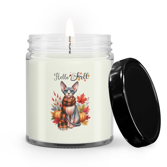 Hello Fall Sphynx Scarf Welcome Autumn with Leaves Pumpkins Soy Wax Candle Cat Lover Kitten Owner Gifts Idea 9oz White Birch & Black Pepper Candle - 00011