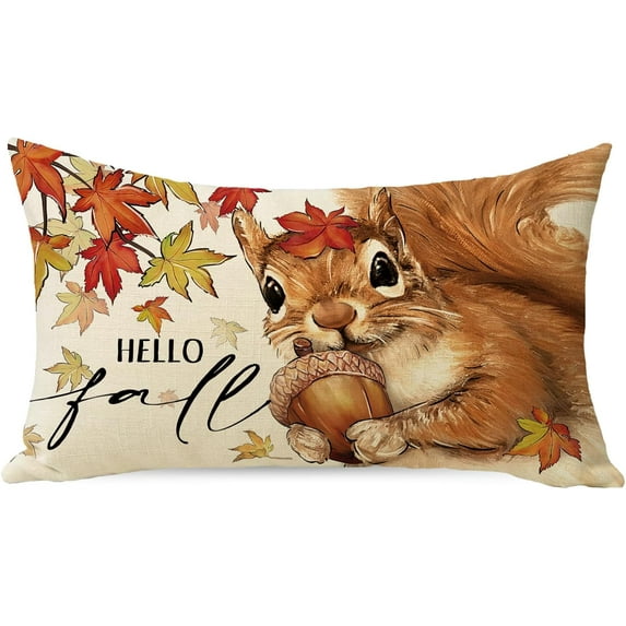 Hello Fall Squirrel Lumbar Decorative Throw Pillow Cover 12 x 20, Autumn Maple Leaves Acorn Rectangle Cushion Case Decor, Seasonal Home Decoration for Sofa Couch