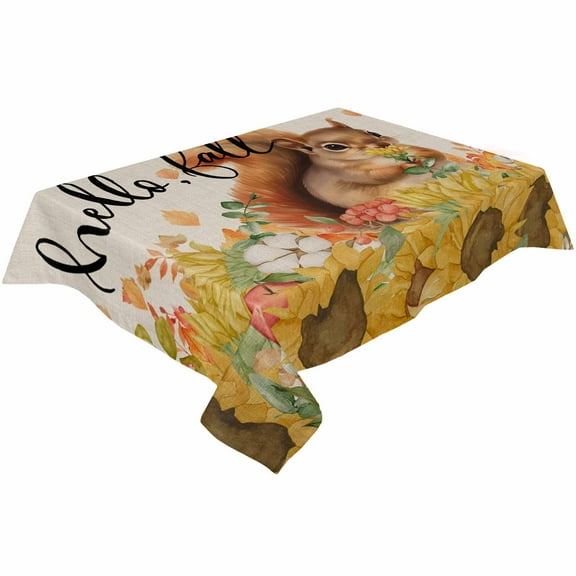 Hello Fall Squirrel Rectangle Tablecloths 60x162,Vintage Autumn Thanksgiving Sunflower Beige Table Cloth Table Cover Indoor/Outdoor Tabletop Decor for Wedding Holiday Party Dinner Baby Shower
