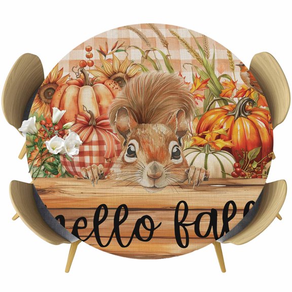 Hello Fall Squirrel Round Tablecloth 45-54 Inch Round Fitted Table Cloth with Elastic Edge, Orange Plaid Pumpkins Thanksgiving Waterproof Table Cover Protector for Outdoor Picnic Party Dining