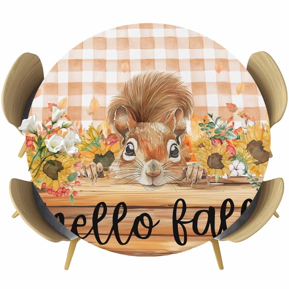 Hello Fall Squirrel Round Tablecloth 55-60 Inch Round Fitted Table Cloth with Elastic Edge, Pumpkins Thanksgiving Orange Plaid Waterproof Table Cover Protector for Outdoor Picnic Party Dining