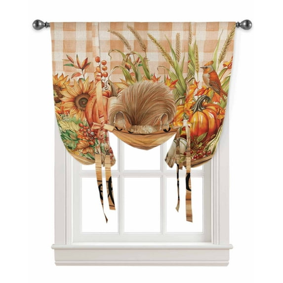 Hello Fall Squirrel Tie Up Curtains for Kitchen Bathroom Bedroom Windows 63 Inch Length, Orange Plaid Pumpkins Thanksgiving Balloon Drape Curtains Shade Rod Pocket Drapery Curtain Panel, 46"x63"