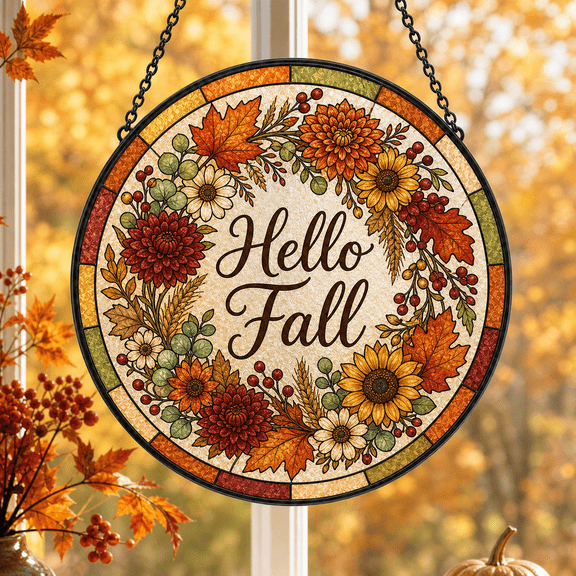 Hello Fall Stained Glass Suncatcher Floral Window Hanging Autumn Gift