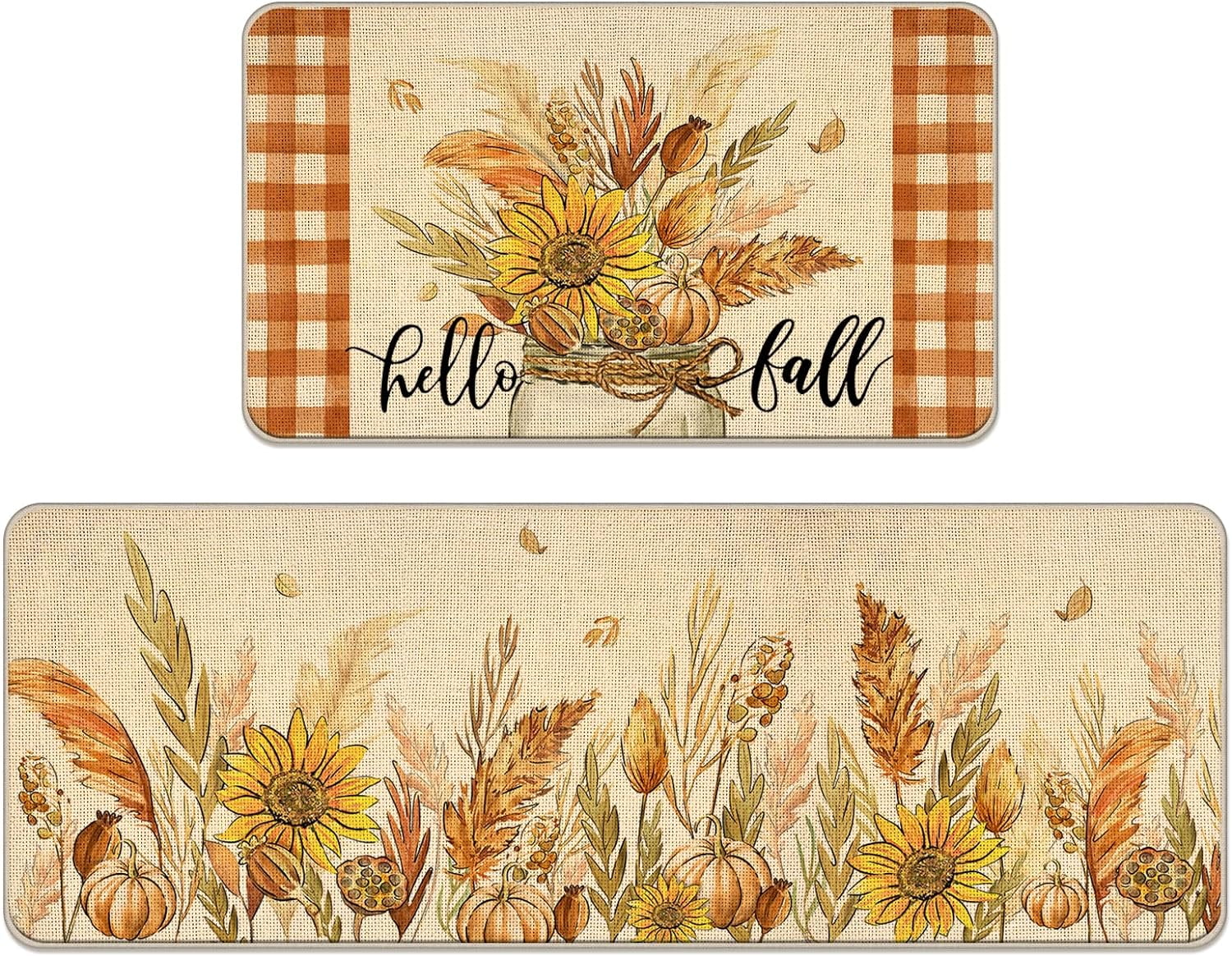 Hello Fall Sunflower Leaves Pumpkin Kitchen Rugs Set of 2, Thanksgiving ...