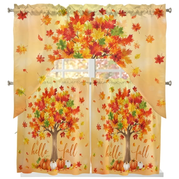 Hello Fall Swag Curtains for Living Room/Bedroom Windows, Orange Yellow Maple Leaf Tree Pumpkin Thanksgiving Kitchen Curtains and Valances Set 36 Inch Length, Swags Valance Curtain Panels