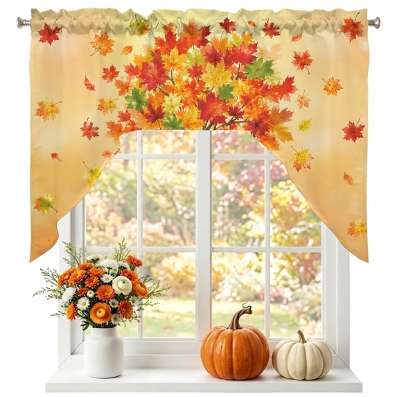 Hello Fall Swag Valances for Windows, Small Curtains Drapes, Orange Yellow Maple Leaf Tree Pumpkin Thanksgiving Kitchen Window Curtains Over Sink Window Treatment Valance for Bedroom/Bathroom 56"x36"