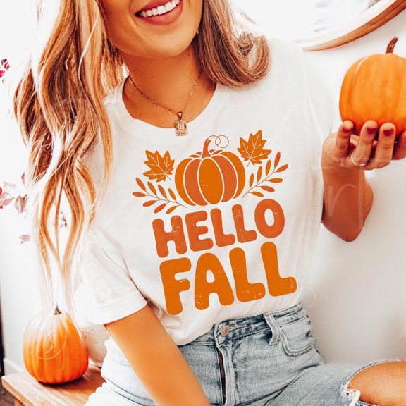 Hello Fall T-Shirt, Cute Pumpkin Autumn Tee, Rustic Thanksgiving Season Shirt, Fall Vibes T-Shirt for Women