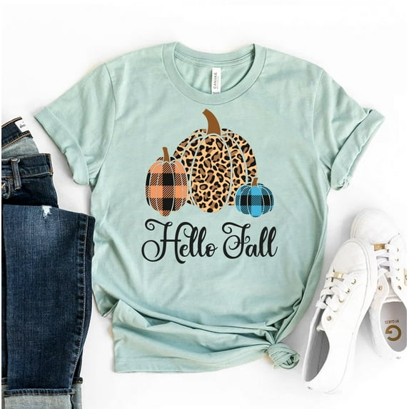 Hello Fall T-shirt Women's Autumn Top Buffalo Plaid Shirt Season Gift Halloween Tee Bonfire Shirts Scary Tshirt