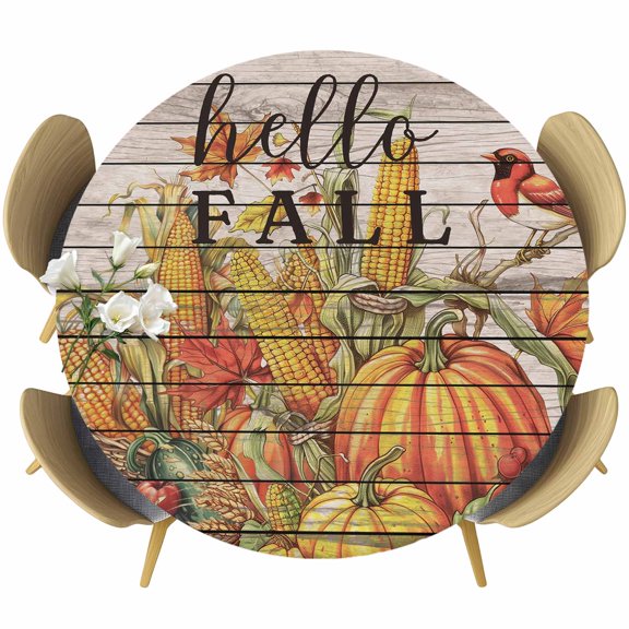 Hello Fall Table Cloth, Round Fitted Tablecloths with Elastic Edge, Orange Pumpkins Birds Vintage Thanksgiving Wipeable Waterproof Table Cover for Kitchen Wedding 55-60 Inches