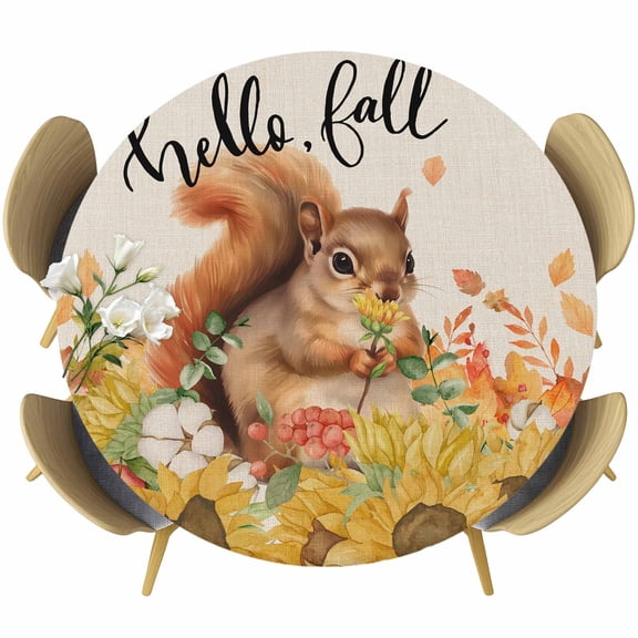 Hello Fall Table Cloth, Round Fitted Tablecloths with Elastic Edge, Rustic Squirrel Sunflower Thanksgiving Wipeable Waterproof Table Cover for Kitchen Wedding 55-60 Inches