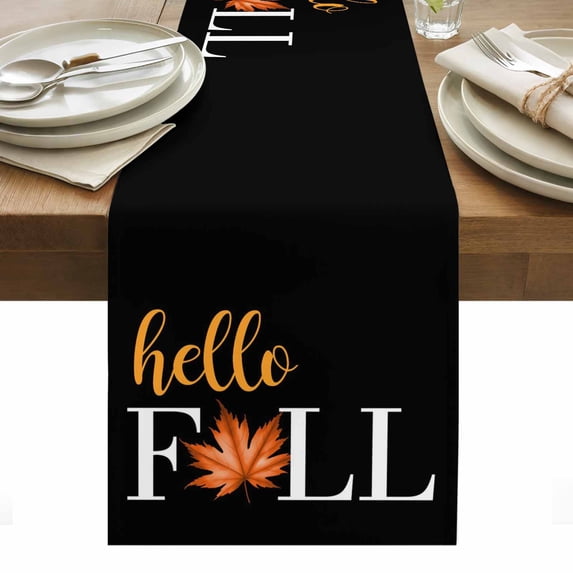 Hello Fall Table Runner - 60 Inch Long, Kitchen Dining Table Runner Dresser Scarves, Thanksgiving Vintage Maple Leaf Autumn Black Farmhouse Decor for Coffee Tables Wedding Party Banquet