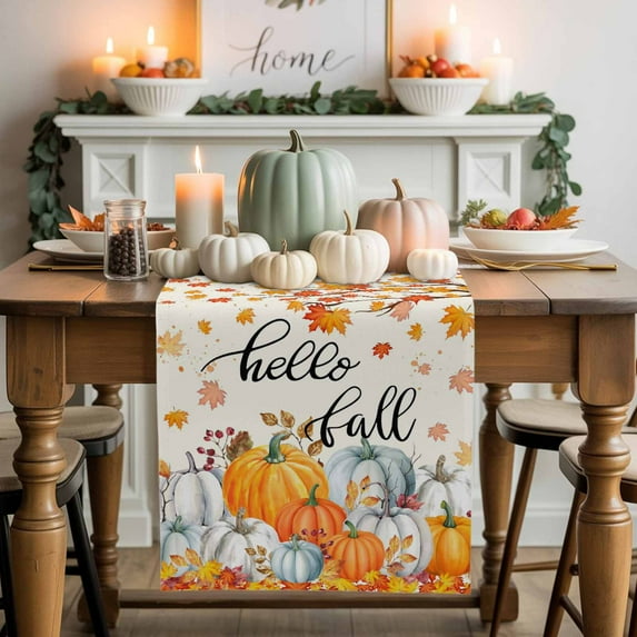 Hello Fall Table Runner, Autumn Thanksgiving Kitchen Dining Table Decoration for Home Party Decor 13x120 Inches