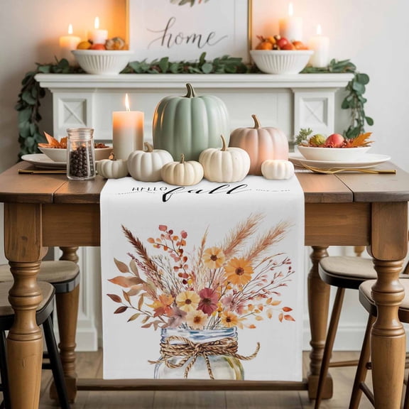 Hello Fall Table Runner, Autumn Thanksgiving Kitchen Dining Table Decoration for Home Party Decor 13x48 Inches
