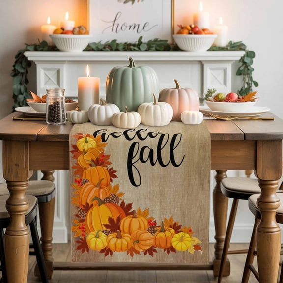 Hello Fall Table Runner, Autumn Thanksgiving Kitchen Dining Table Decoration for Home Party Decor 13x60 Inches