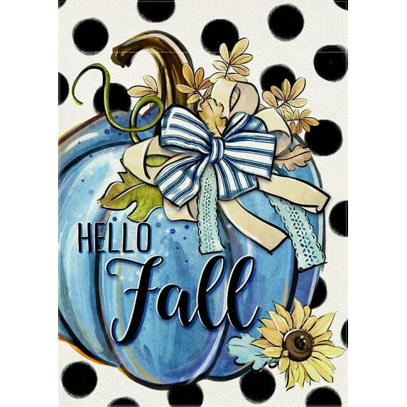 Hello Fall Teal Blue Pumpkin Decorative Garden Flag, Autumn Polka Dots Farmhouse Yard Outside Decorations, Thanksgiving Seasonal Blue Burlap Outdoor Small Home Decor Double Sided 12.5x18