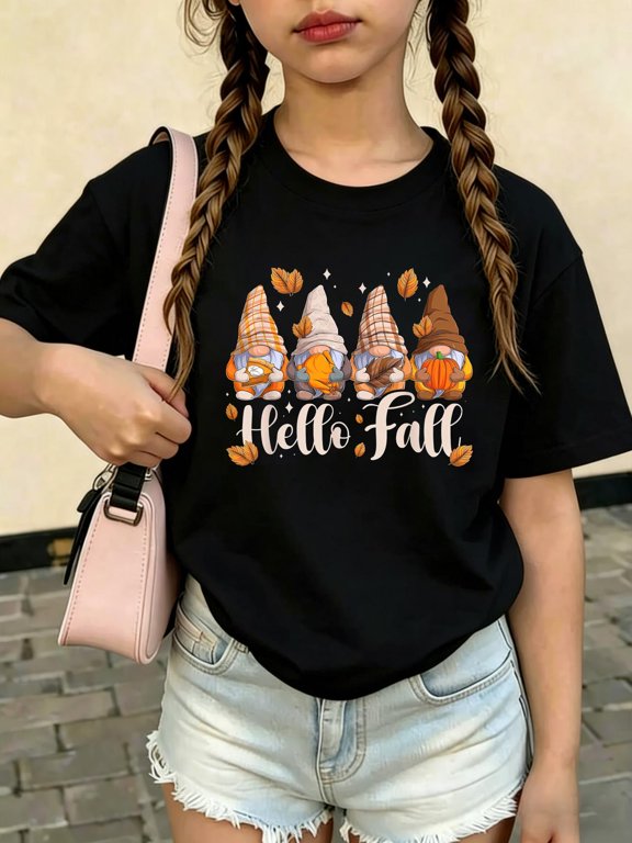 Hello Fall Thanksgiving Autumn Funny Gnomes KidsCotton Soft Graphic Tee Breathable Party Dress T-Shirt