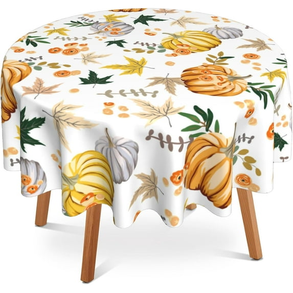 Hello Fall Thanksgiving Round Tablecloth 60 inch,Pumpkins Flowers Circle Table Cloth Polyester Waterproof Stain Wrinkle Free Table Cover for Home Kitchen Dining Party Pinic Patio Outdoor Decor