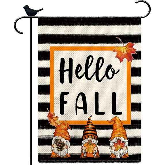 Hello Fall Three Gnomes Garden Flag 12.5×18 Inch Watercolor Stripes Double Sided Burlap Welcome Pumpkin Chrysanthemum Banner Outside Vertical Holiday Yard Flag