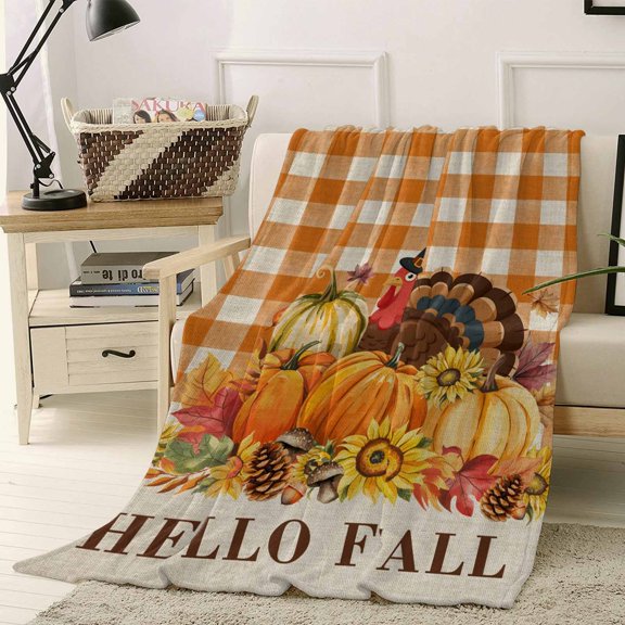 Hello Fall Throw Flannel Blanket 40x50In Thanksgiving Turkey Pumpkin Farmhouse Plaid Super Soft Cozy Bed Blanket, Lightweight Plush Fuzzy Bed Throw for Bedroom Sofa Couch Living Room
