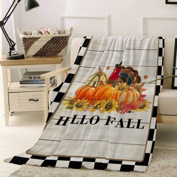 Hello Fall Throw Flannel Blanket 40x50In Thanksgiving Turkey Pumpkin Sunflower Wood Grain Super Soft Cozy Bed Blanket, Lightweight Plush Fuzzy Bed Throw for Bedroom Sofa Couch Living Room