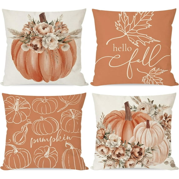 Hello Fall Throw Pillow Covers 18x18 Inch Pumpkin Pampas Floral Orange Boho Outdoor Country Farmhouse Cottage Autumn Decorations Decorative Pillows Cases Set of 4 for Home Living Room Decor
