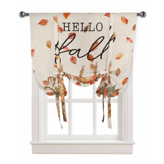 Hello Fall Tie Up Curtains for Kitchen Bathroom Bedroom Windows 45 Inch Length, Hedgehog Pumpkins Maple Leaf Rustic Balloon Drape Curtains Shade Rod Pocket Drapery Curtain Panel, 34"x45"