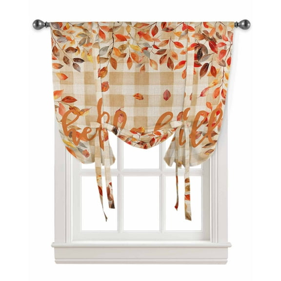 Hello Fall Tie Up Curtains for Kitchen Bathroom Bedroom Windows 45 Inch Length, Orange Plaid Maple Leaf Botanical Rustic Balloon Drape Curtains Shade Rod Pocket Drapery Curtain Panel, 34"x45"