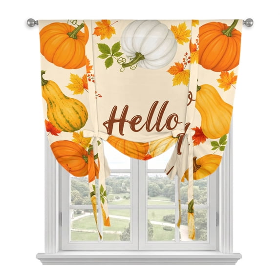 Hello Fall Tie Up Curtains for Windows, Adjustable Balloon Window Shades, Orange Yellow Pumpkins Thanksgiving Beige Kitchen Window Treatments Adjustable Roll Up Curtain for Basement/Nursery 52"x45"