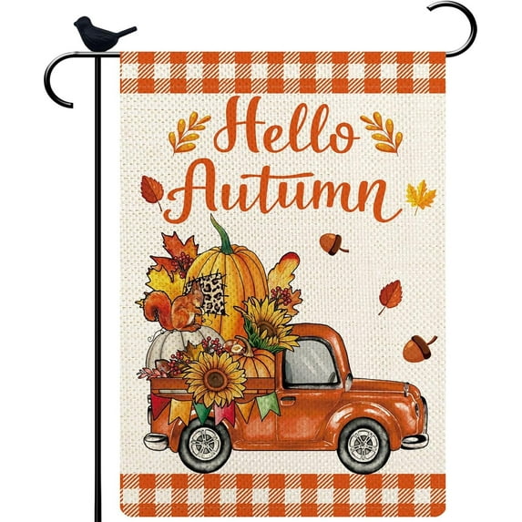 Hello Fall Truck Buffalo Check Plaid Small Garden Flag Thanksgiving Day Fall Vertical Double Sided Holiday Farmhouse Seasonal Yard Outdoor Decor House Flag 12.5 x 18 Inch