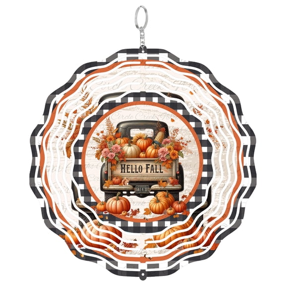 Hello Fall Truck Buffalo Plaid 3D Wind Spinner, UV Printed Tinplate, Autumn Farmhouse Decor, Vintage Art, Round